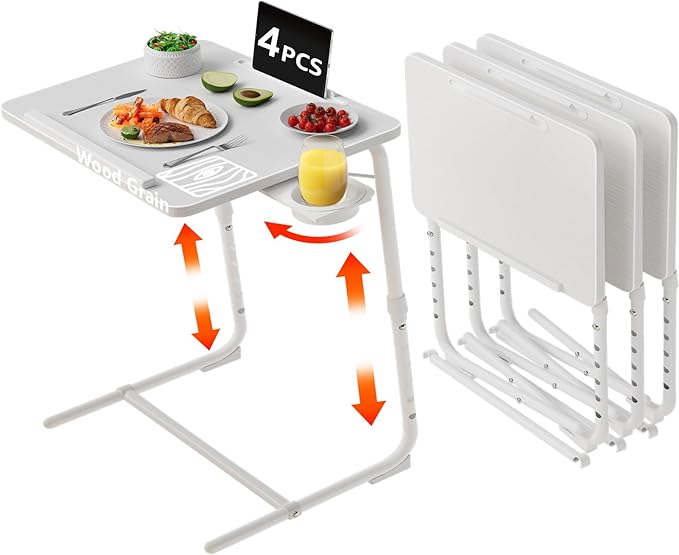TV Trays Set of 4 - Folding TV Tray Adjustable Dinner Trays for Eating On Couch Wooden Tables Mate Stand Foldable White Desk with Cup Holder Portable