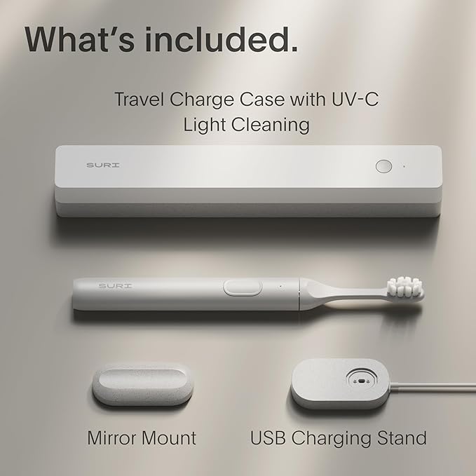 SURI Sonic Electric Toothbrush with UV Travel Case - 40-Day Battery- Designed in California - Electric Toothbrushes Adults - Slim Travel Tooth Brush