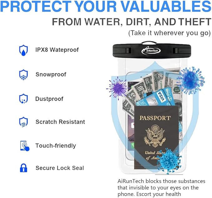 AiRunTech Waterproof Fanny Pack,Waterproof Phone Pouch for iPhone 15 14 13 12 11 Pro Max,IPX8 Waterproof Dry Bag for Snorkeling Beach Cruise Kayaking Pool Swimming(Two Phone Cases+Two Waist Bags Set)