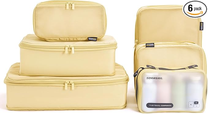 6 Set Compression Packing Cubes for Travel, Large Medium Small Luggage Organizers, Storage Bags for Clothes (6 Pack, Bright Yellow)