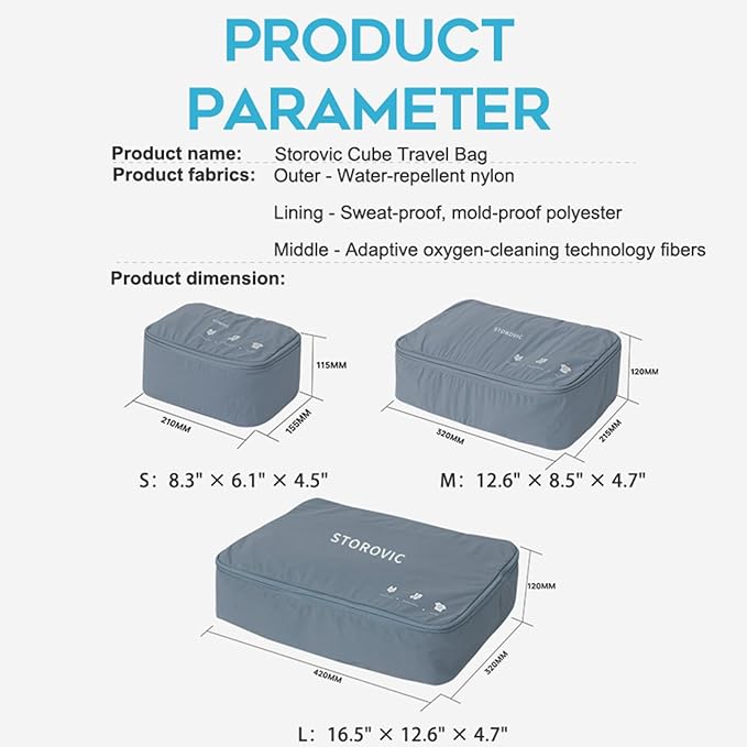 Travel Packing Cubes: Water-Resistant, Odor-Eliminating, Soft & Portable Luggage Organizer Bags for Socks, Underwear, and Gym Gear - Space-Saving, Blue（12.6” × 8.5” × 4.7”） M