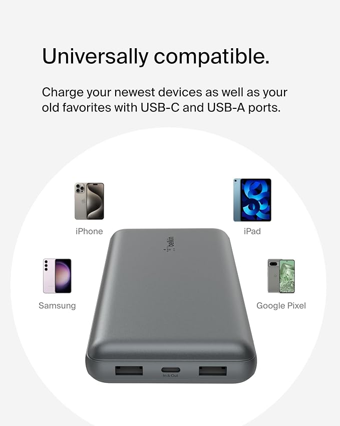 Belkin Portable Charger, USB C Power Bank 20000 mAh w/ 2 USB-A Ports, 15W w/A to C Cable for iPhone 16, 15, Samsung Galaxy S25, iPad, Nintendo Switch 2, Google Pixel 10, etc. - Gray