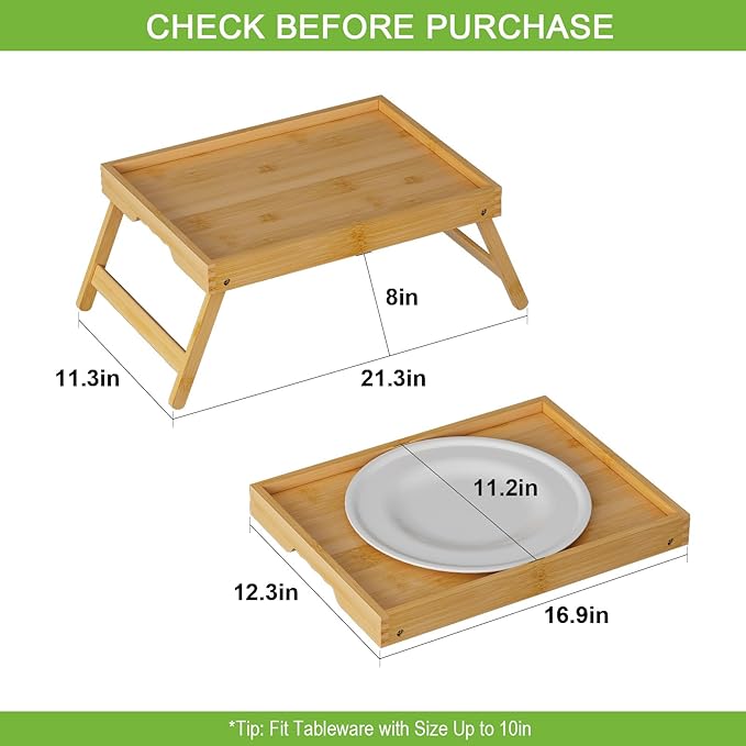 Bed Tray Table with Folding Legs,Bamboo Breakfast in Bed for Kitchen Serving Tray,Sofa,Eating,Used As Laptop Desk Snack Tray (Bamboo, Large)