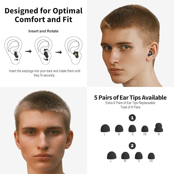 Ear Plugs for Sleeping Reusable Earplugs for Concerts Noise Cancelling Soft Silicone Noise Reduction Earbuds for Travel, Focus, Work 33-45dB Hearing Protection with 9 Ear Tips & Case (Black)
