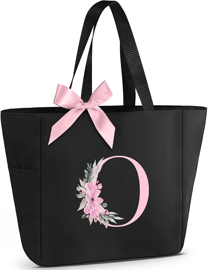 Vavabox Tote Bag, A-Z Initial Monogrammed Waterproof Tote Bag, Bridesmaid Gifts for Women, Black and Pink