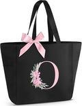 Vavabox Tote Bag, A-Z Initial Monogrammed Waterproof Tote Bag, Bridesmaid Gifts for Women, Black and Pink