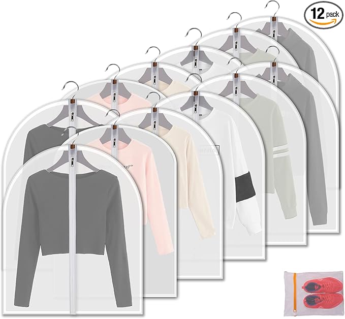 Clear Garment Bags Clothes Covers Protecting Dusts (Set of 12) for Storage Plastic Garment Bags Hanging Clothes Bags Dress Bag with Full Zipper for Closet Storage - 24'' x 32''/12 Pack
