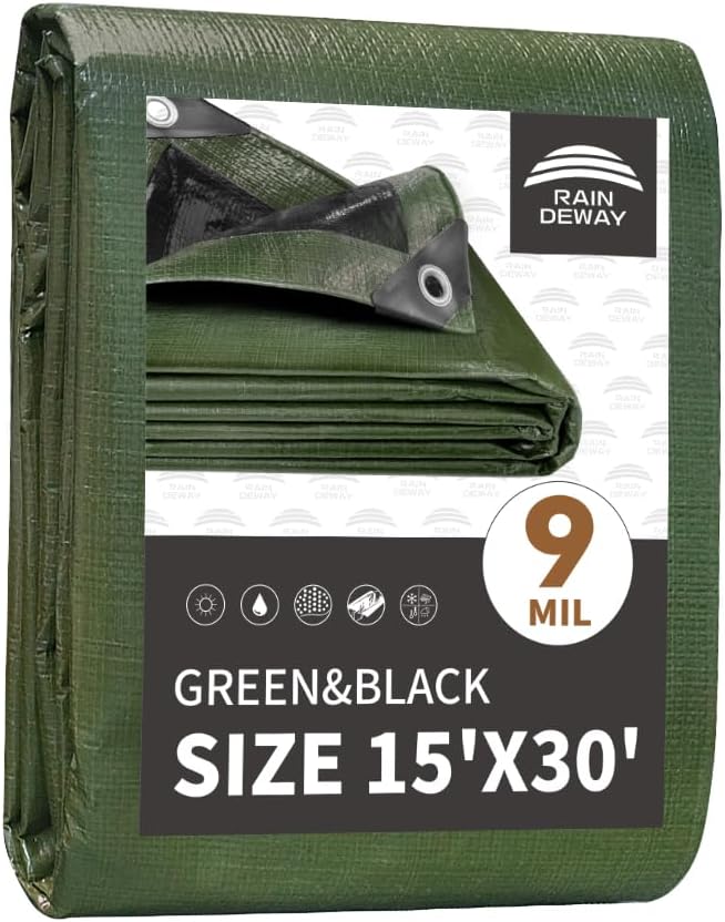 15x30 Feet Tarp Waterproof,9Mil Thick,Finished Size Tarps,UV Resistant,Durable,Multipurpose Poly Tarp Cover with Metal Grommets and Reinforced Edges,Green/Black by RAINDEWAY