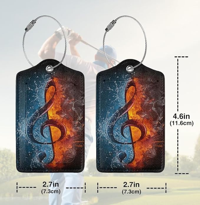 2 Pack Luggage Tags for suitcases Funny Music Water fire Luggage Tag, Leather Stainless Steel Loop Label Tag for Men Women Travel Bag Suitcase(Music Water fire)