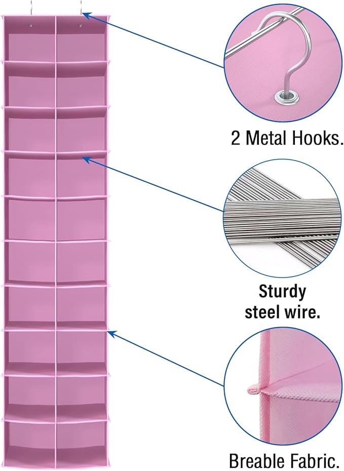 coastal rose Hanging Shoe Organizer for Closet, 20 Sections Hanging Closet Organizers and Storage Shelves, Space Saving Shoe Storage Rack Holder, Pink, 12''W×12''Dx 50''H