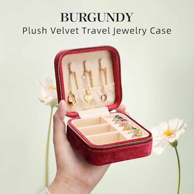 Travel Jewelry Case, Small Plush Velvet Jewelry Box for Women and Girls, Portable Jewelry holder organizer for Rings Earrings Necklaces Bracelets(Burgundy)