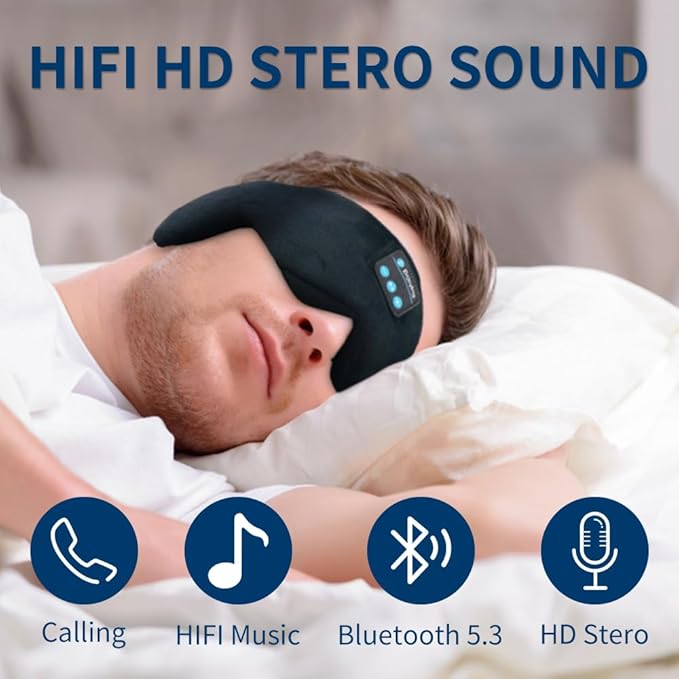Bluetooth 5.4 Headphones Headband Eye Mask Wireless Sleep Mask，Blackout Bluetooth Eye Mask for Sleeping，Cotton Sleep Mask for Side Sleepers Adjustable Hook and Loop