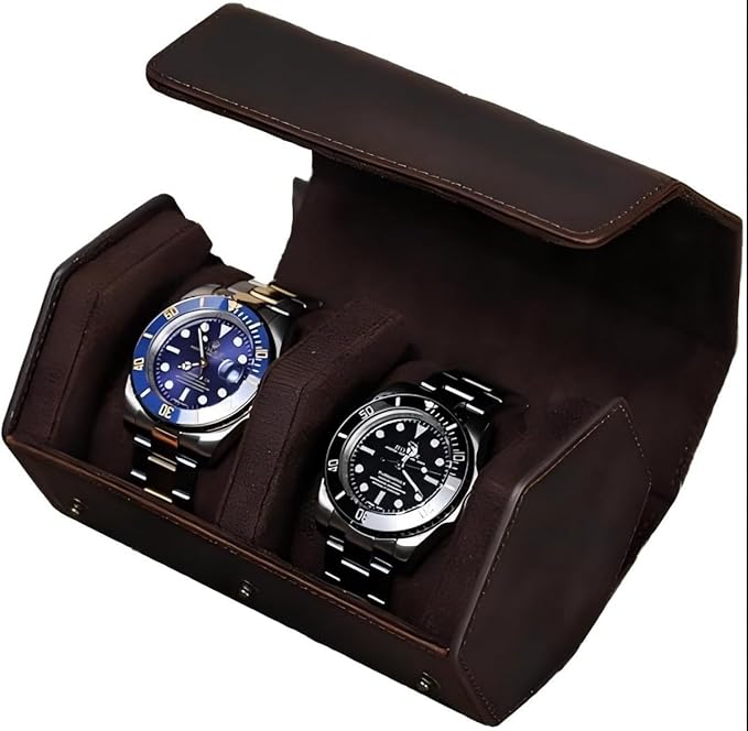 Genuine Leather Watch Roll Travel Case, Vintage Full Grain Leather Hexagon Watches Storage Organizer with Display Removable Pillows & Solid Dividers for Home Storage &Display (2 Slot)