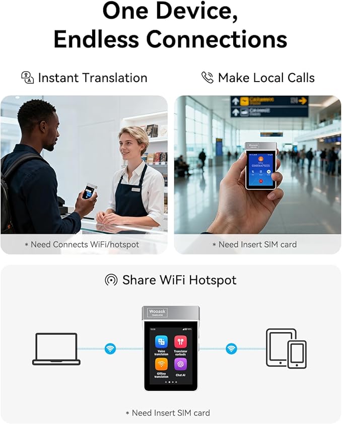 Wooask A9 Translation Earbuds Real Time Support Calls & Hotspot Sharing, AI Translator Device No APP No Phone Needed with 140+ Languages, ChatGPT/Offline/Photo Translation for Business & Travel