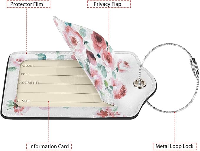 Flowers Watercolor 2-Pack Luggage Tags for Suitcases,Leather Baggage Tag with Loop, Tags Private Name ID Labels for Women Girl Men Boys Travel Baggage Suitcase