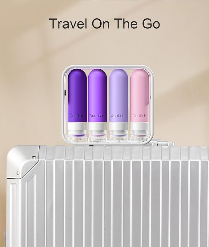 Quatish Travel Bottles for Toiletries, Original Patented Leak Proof Travel Size Toiletries, 3 oz Tsa Approved Silicone Shampoo and Conditioner Bottles, Travel Essentials, 4 Pack, Purple