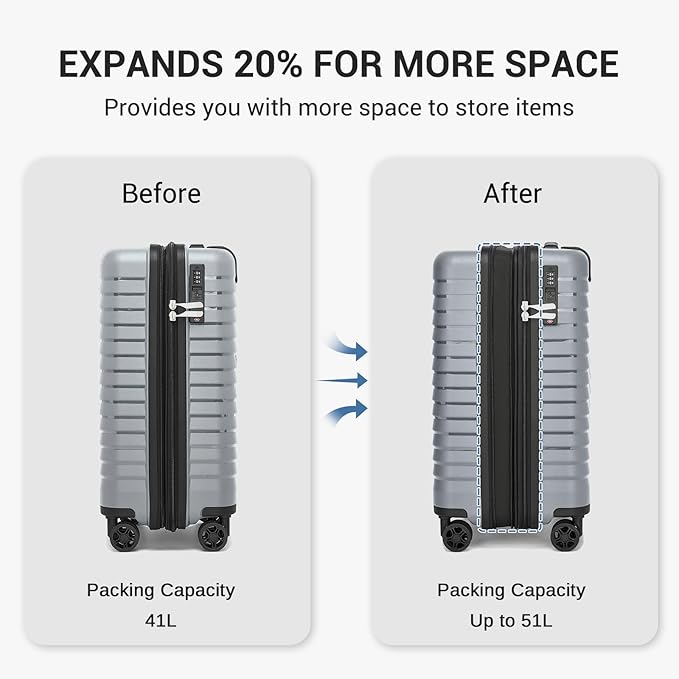Kono 20 Inch Expandable Carry On Luggage with Spinner Wheels, Durable Hardside Luggage with Hidden Cup Holder, Lightweight Hard Shell Carry On Suitcase Airline Approved with TSA Lock(Light Grey)