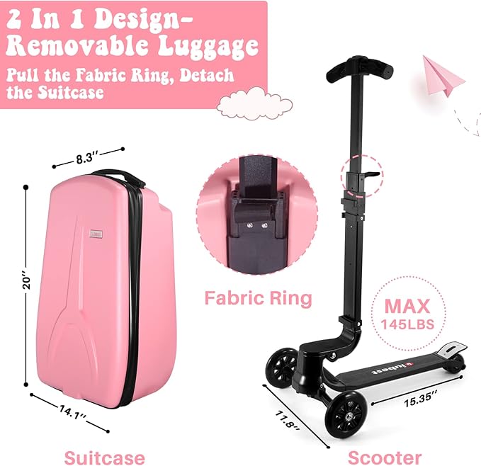 MRPLUM 20" Ride-On Suitcase with Detachable Scooter for Kids,Foldable Hardshell Carry-On Luggage for Toddlers Ages 4-15 with Adjustable Handle,Easy Steering&Brake(Airplane Approved)
