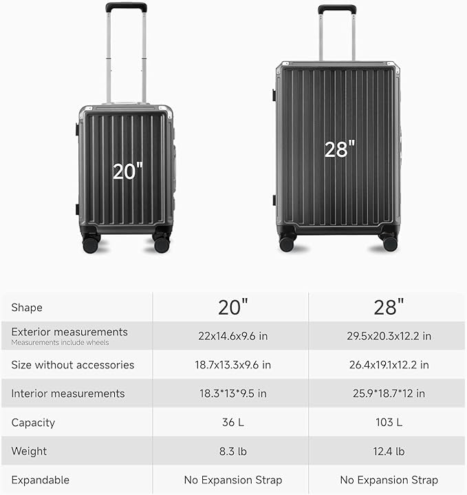 LUGGEX Luggage Sets with Spinner Wheels, 2 Piece (20/28) Aluminum Frame Zipperless Polycarbonate Hard Shell Suitcase Sets, Charcoal Metallic