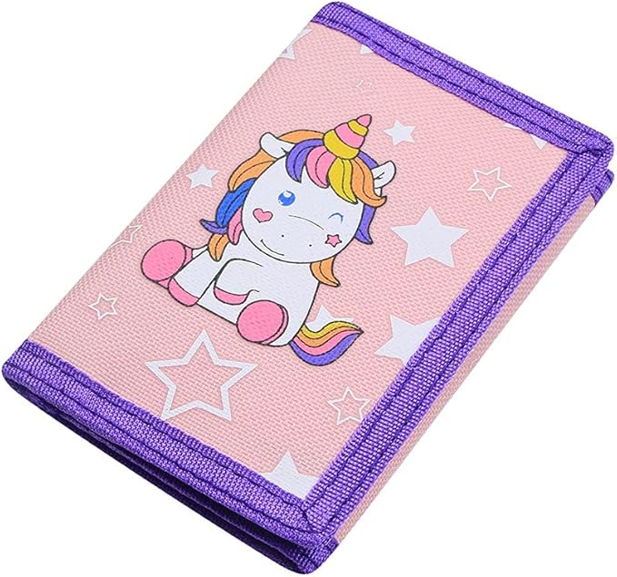 NEICY RFID Cartoon Canvas Wallet for Kids - Unicorn Trifold Outdoor Sports Wallets with Magic Sticker for Teen Girls