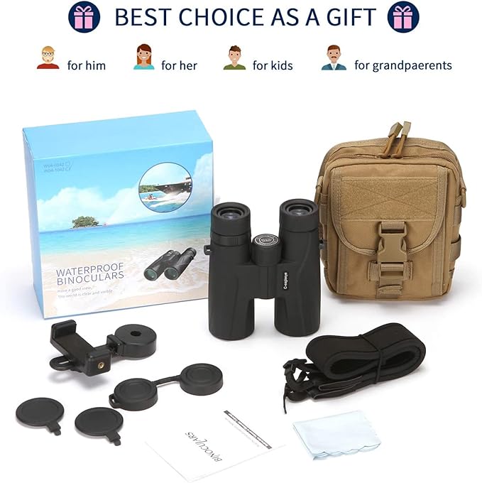 Ceagleeye10x42 Binoculars for Adults,Ipx7 Professional Waterproof and Anti-Fog with 23mm Large Eyepiece Bak4 Lens,Binoculars for Travel Bird Watching Hunting Sports Extra Bag,Strap,Phone Adapter,Black