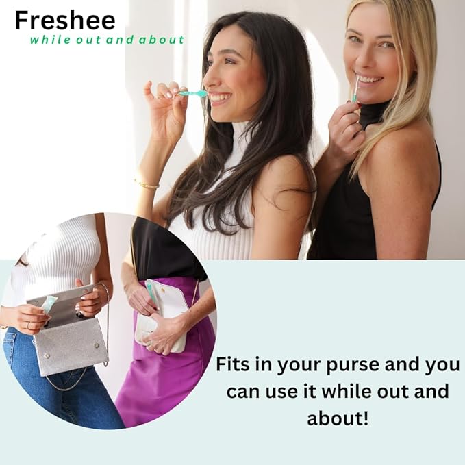 Freshee Bead -5 in 1 Disposable Mini Toothbrush with Refreshing Bead + Floss + Pick + Tongue Scraper | Travel Size | Individually Wrapped | Soft | Extra Minty | Travel Set