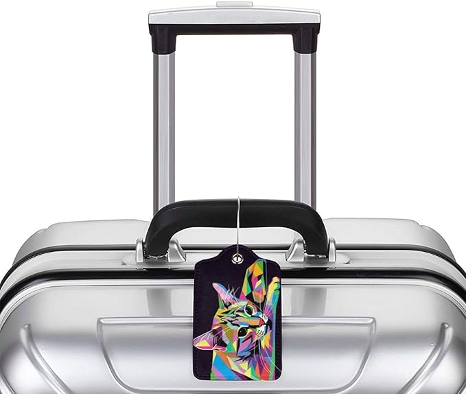 Cat Leather Luggage Tag with Stainless Steel Ring, Fun Name Id Card Cover Travel Bag Tag Set, Suitable for Travel Bag Luggage Women Men 2 PCS