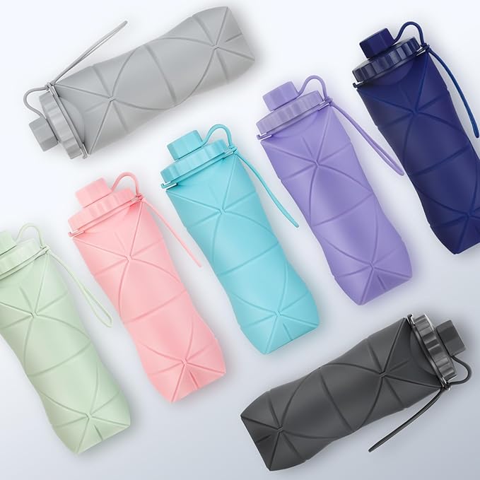 YCT Collapsible Silicone Travel Water Bottle 20oz (600ml), Reuseable Leakproof BPA Free Foldable Sports Bottle, with Carrying Strap, Light Gray + Purple