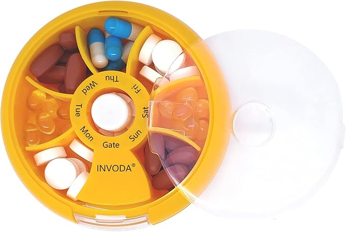 INVODA Weekly Pill Organizer 7 Compartment Rotating Pill Box for Daily Medication & Vitamins - Portable Travel Pill Case Fish Oil Supplements Vitamins Organizer (Blue+Orange)