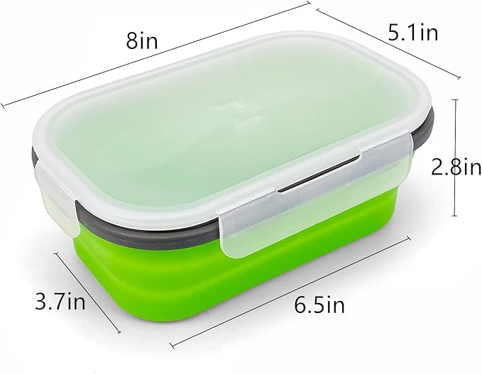 Green Food Grade Silicone Lunch Container Bento Box, Collapsible Food Storage Containers with Airtight Lids and 2in1 Fork, Reusable Food Container for Travel Camping, 1000ml Microwave Container