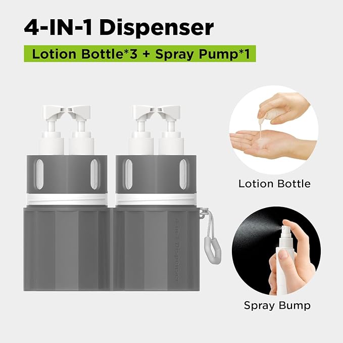 4 in 1 Travel Toiletry Containers,TSA Approved Refillable Travel Size Toiletries Bottles Set with Suction Cup for Smooth Walls - for Shampoo,Conditioner,Body Wash,Lotion.(Grey)