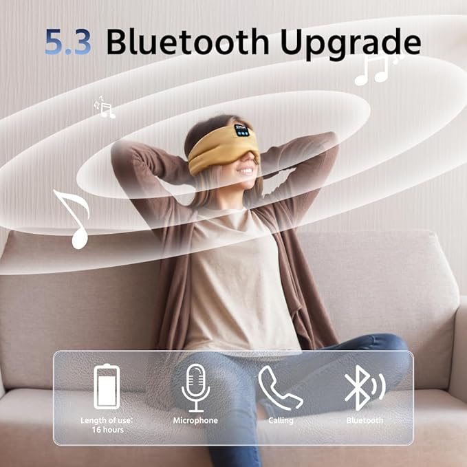 Sleep Mask Bluetooth 5.4 Headphones Soft Wireless Headband Eye Mask Blackout with Microphone (Gold)