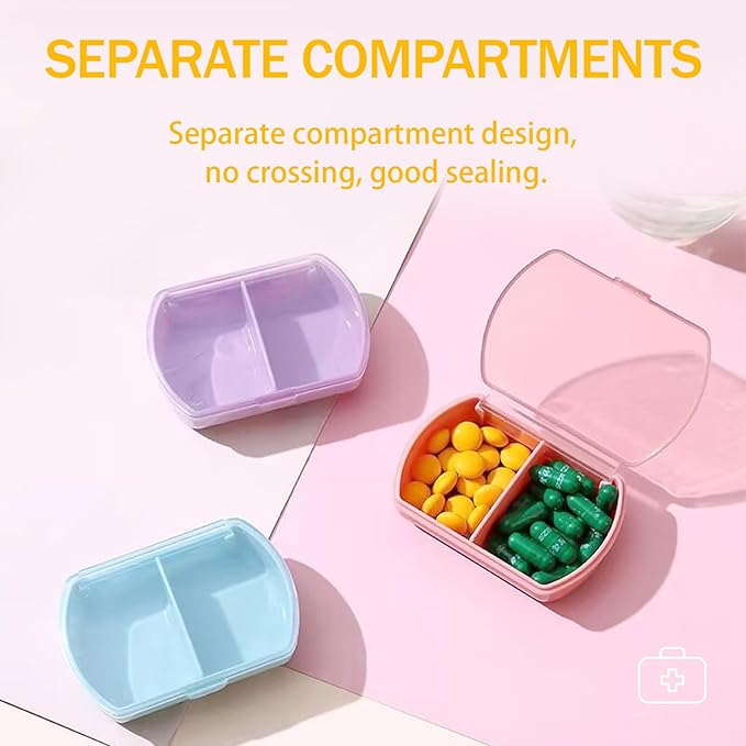 2PCS Small Pill Case Travel Pill Box Cute Pill Organizer for Purse Portable Daily Medicine Organizer 2 Compartment Pill Holder for Vitamins, Fish Oil, Supplements
