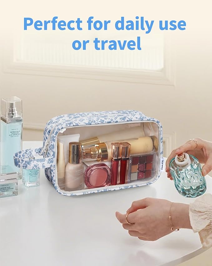 Narwey Clear Toiletry Bags for Traveling Women Men, Clear Travel Bags for Toiletries Makeup Bag Cosmetic Bag with Zipper, Make Up Organizer, Skincare Bag (Little Blue Flower)
