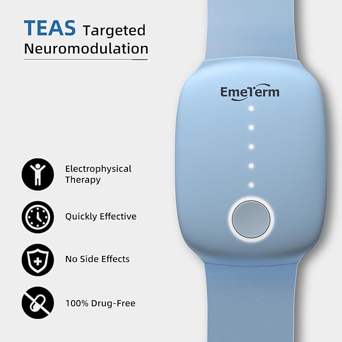 EmeTerm Fashion FDA-Cleared Relieve Nausea Electrode Stimulator Morning Sickness Motion Travel Sickness Vomit Relief Rechargeable No Gel Drug Free Wrist Bands Without Side Effects