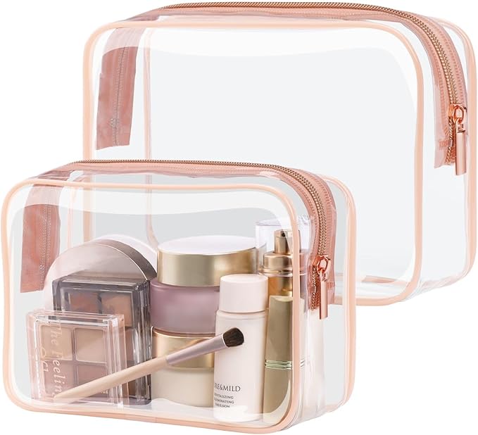 PACKISM TSA Approved Toiletry Bag - Clear Makeup Bags in 2 Size, Durable with Supporting Frame, Perfect for Travel Essentials, Carry-on Airport Airline Compliant Bag, Rose Pink
