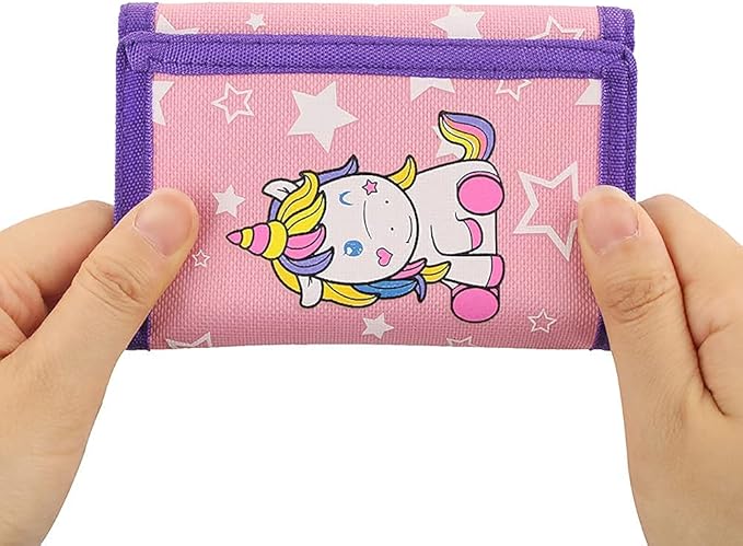 NEICY RFID Cartoon Canvas Wallet for Kids - Unicorn Trifold Outdoor Sports Wallets with Magic Sticker for Teen Girls