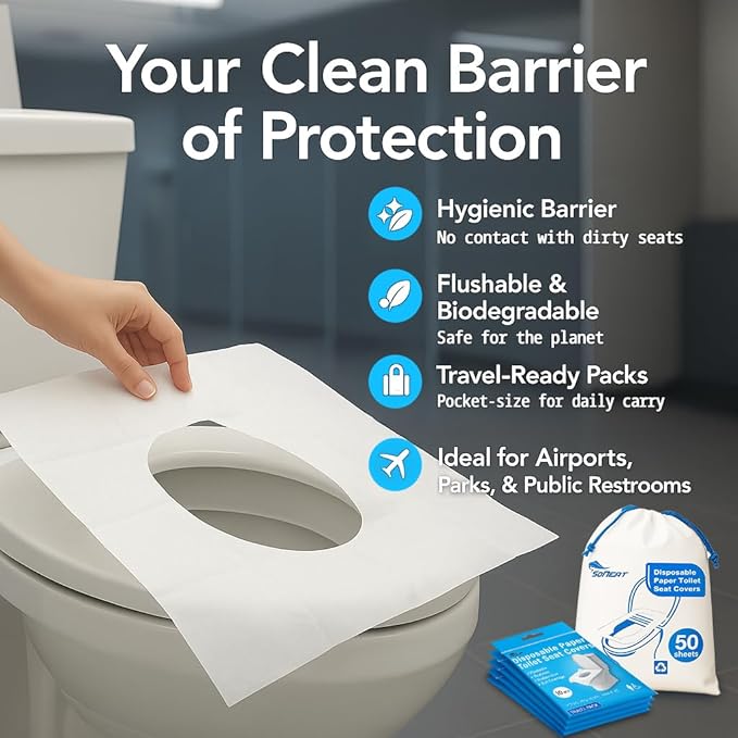 Disposable Toilet Seat Covers Flushable XL 50 Pack – Adults & Kids Potty Training Travel Toilet Seat Cover – 100% Biodegradable Public Restroom Protection for Airplane, Camping, Festivals