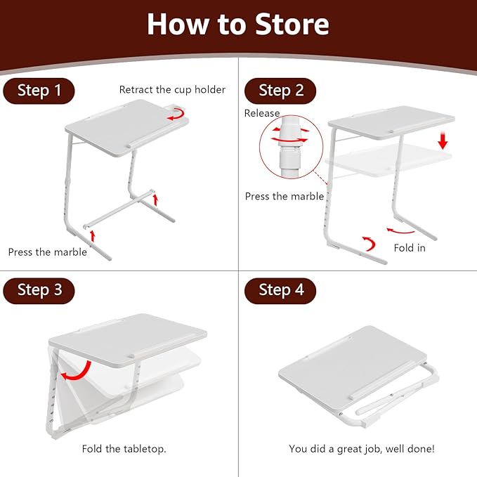 TV Trays Set of 4 - Folding TV Tray Adjustable Dinner Trays for Eating On Couch Wooden Tables Mate Stand Foldable White Desk with Cup Holder Portable