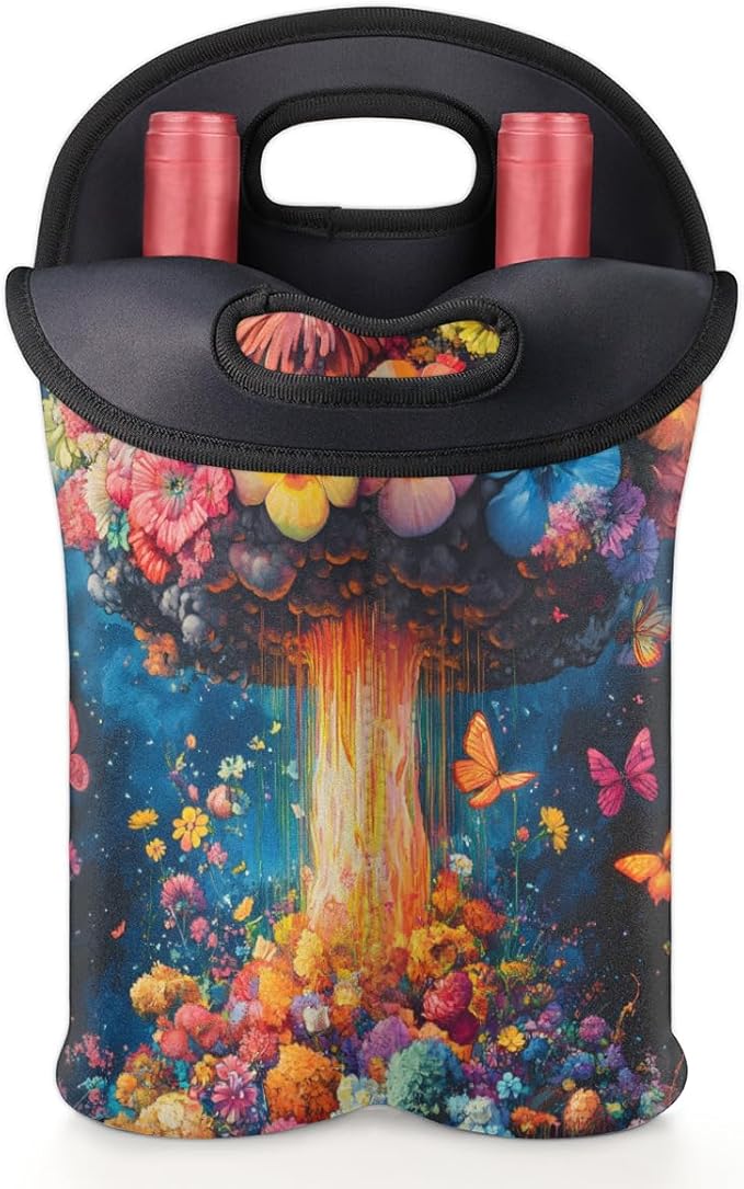 Neoprene Wine Tote, Bottle Carrier Gag Insulating Neoprene Thicker, Insulated Wine Bag for Travel Holds Two Bottles, Bottle Carrier Bags Protect the Bottles, Mushroom Flower
