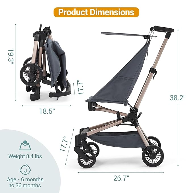 Jojoka Lightweight Stroller for Airplane,Compact Strollers for Travel,Foldable Toddler Pushchair with Carry Bag, Storage Basket, Rear Brakes, Adjustable Awning(Blue)