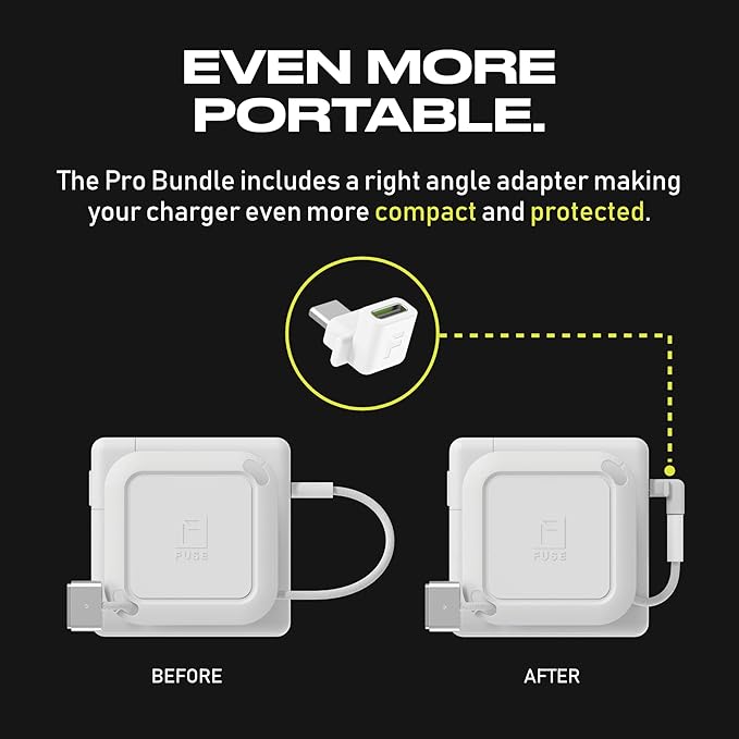 Fuse Reel The Side Kick Collapsible Charger Organizer With USB-C Right Angle Adapter Compatible with MacBook and PC charging cords and adapter cable management best computer winder (White w/Adapter)