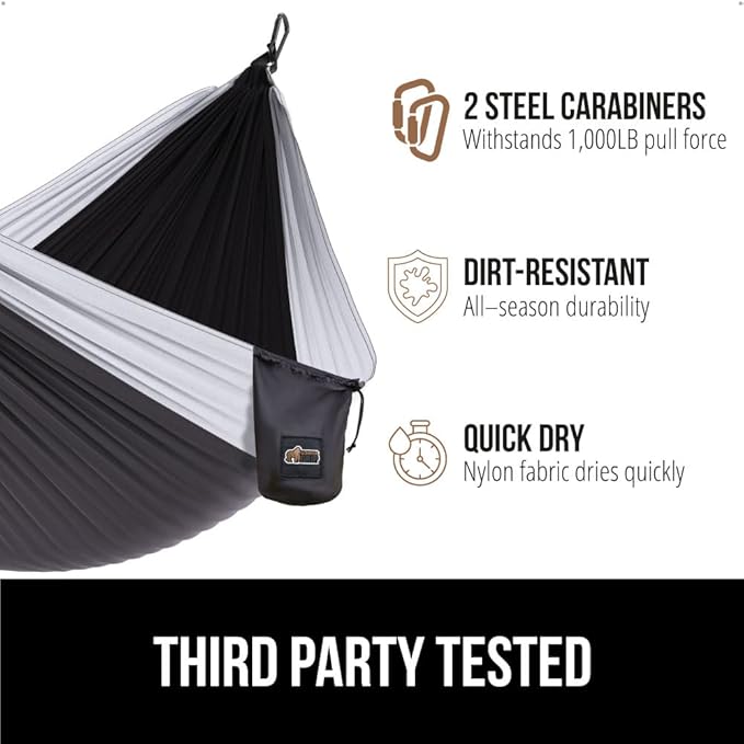 GORILLA GRIP Durable Portable Camping Hammock, Holds 500lbs with Heavy Duty Tree Straps, Comfortable Travel Swing, Camp Hammocks, Easy to Use and Install, Outdoor Essentials, Black, 10x6.5 FT