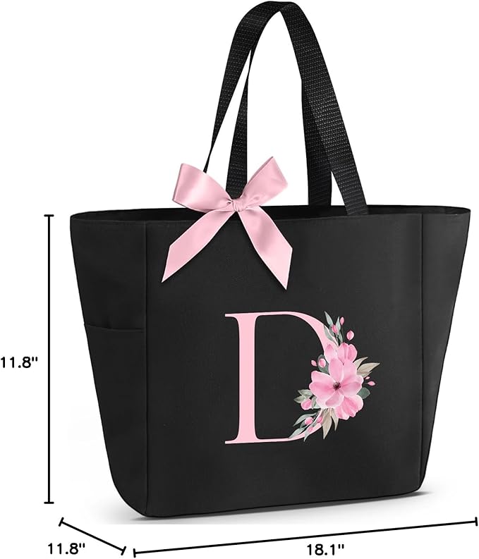 Vavabox Tote Bag, A-Z Initial Monogrammed Waterproof Tote Bag, Bridesmaid Gifts for Women, Black and Pink