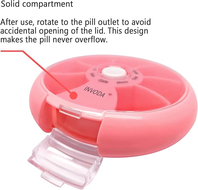 INVODA Weekly Pill Organizer 7 Compartment Rotating Pill Box for Daily Medication & Vitamins - Portable Travel Pill Case Fish Oil Supplements Vitamins Organizer (Pink+Green)