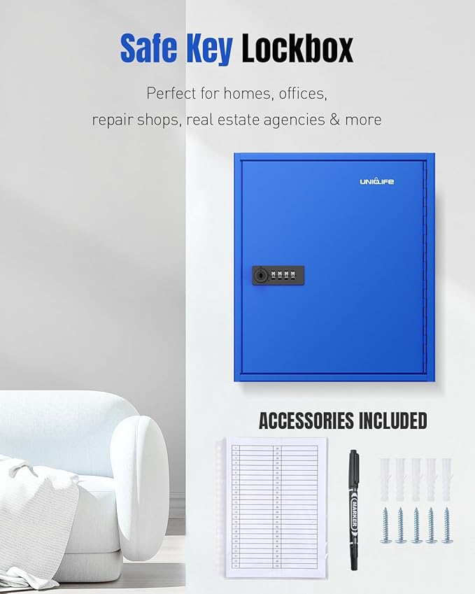 Uniclife 60 Keys Key Lock Box with Code, Wall Mount Key Box, Key Cabinet with Key Racks and Tags, Lock Box for Keys, Key Lockbox, Key Storage Box for Home Office & Company, Blue