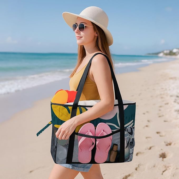 8-Pocket Waterproof Tote for Women -Sandproof Beach Bag with Zipper& Family | Foldable Travel Swim Bag (Gift-Ready)