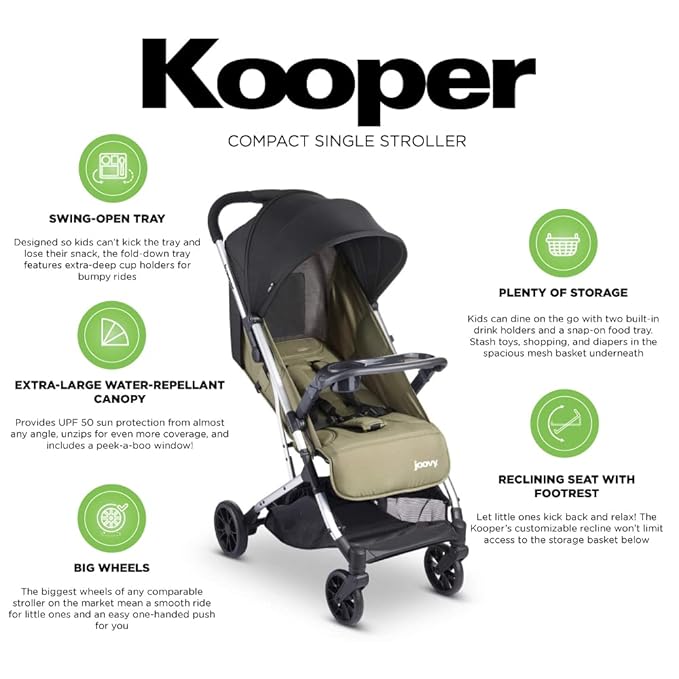 Joovy Kooper Lightweight Baby Stroller Featuring Removable, Swing-Open Tray, Big Wheels, Reclining Seat with Footrest, Extra-Large Retractable Canopy, and Compact Fold (Olive)