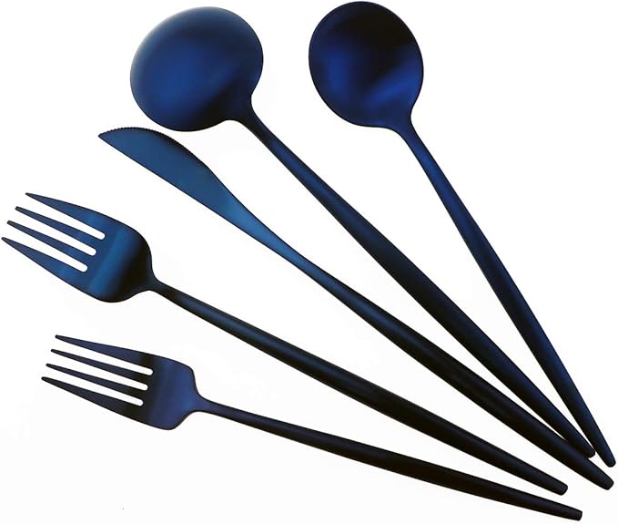 Matte Blue Gugrida 5-Piece 18/10 Stainless Steel Silverware Set, Satin Finish Flatware, Kitchen Utensils, Tableware Travel Cutlery for Camping, Office or School Lunch, Dishwasher Safe