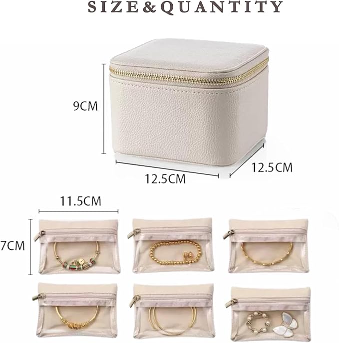 Jewelry Box Organizer for Women,Small Jewelry Travel Case,Leather Travel Jewelry Organizer with 6 Velvet Jewelry Zipper Pouches, Jewelry Organizer for Graduation Wedding Gift(Off White)